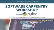 Text: Software Carpentry Workshop with photo of data on a laptop